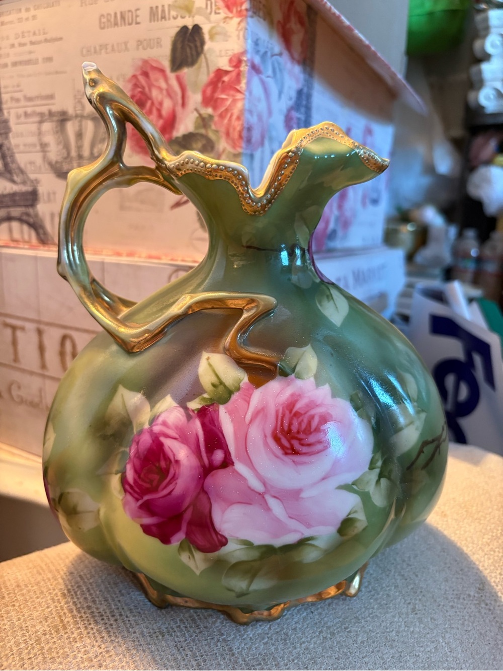 Hand-Painted Green Floral Porcelain Pitcher with Gold Accents